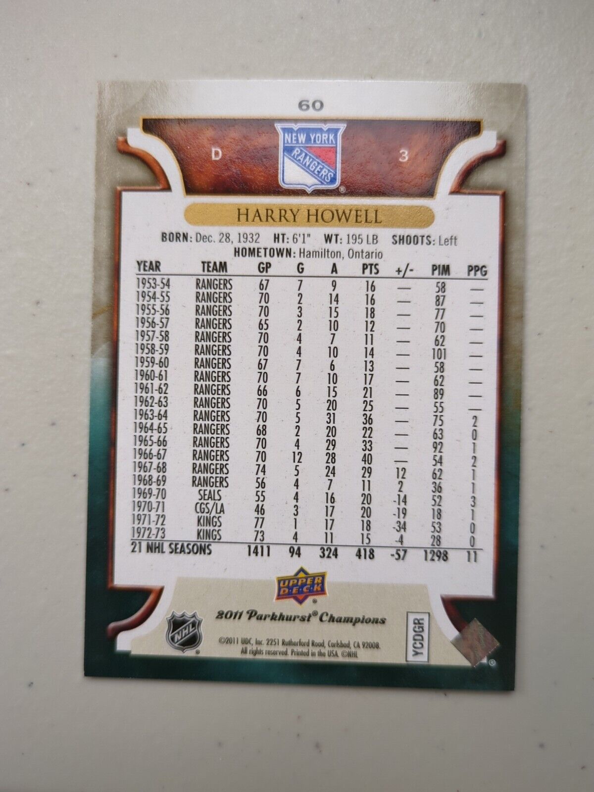 2011-12 Parkhurst Champions Harry Howell Card #60 New York Rangers