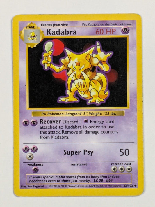 Kadabra - 32/102 - Uncommon (Shadowless) Base Set - Pokemon Card - MP