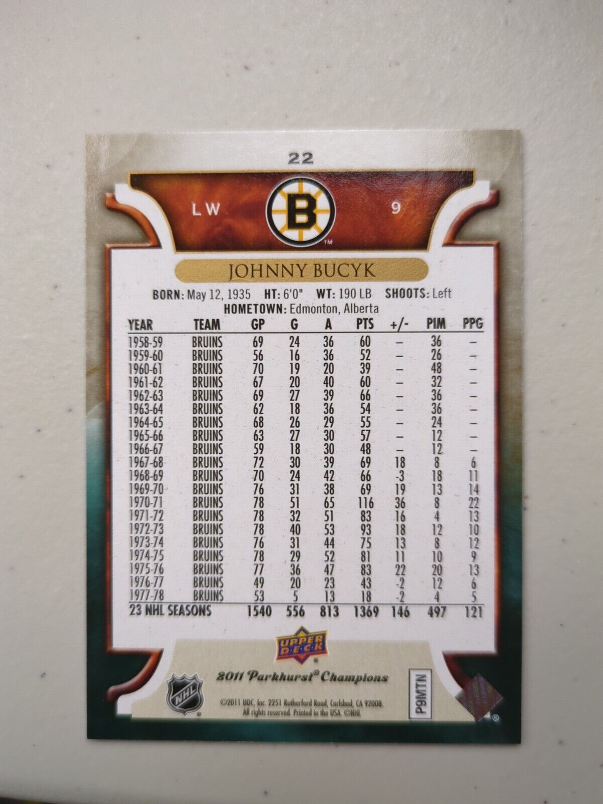 2011-12 Parkhurst Champions Johnny Bucyk Card #22 Boston Bruins