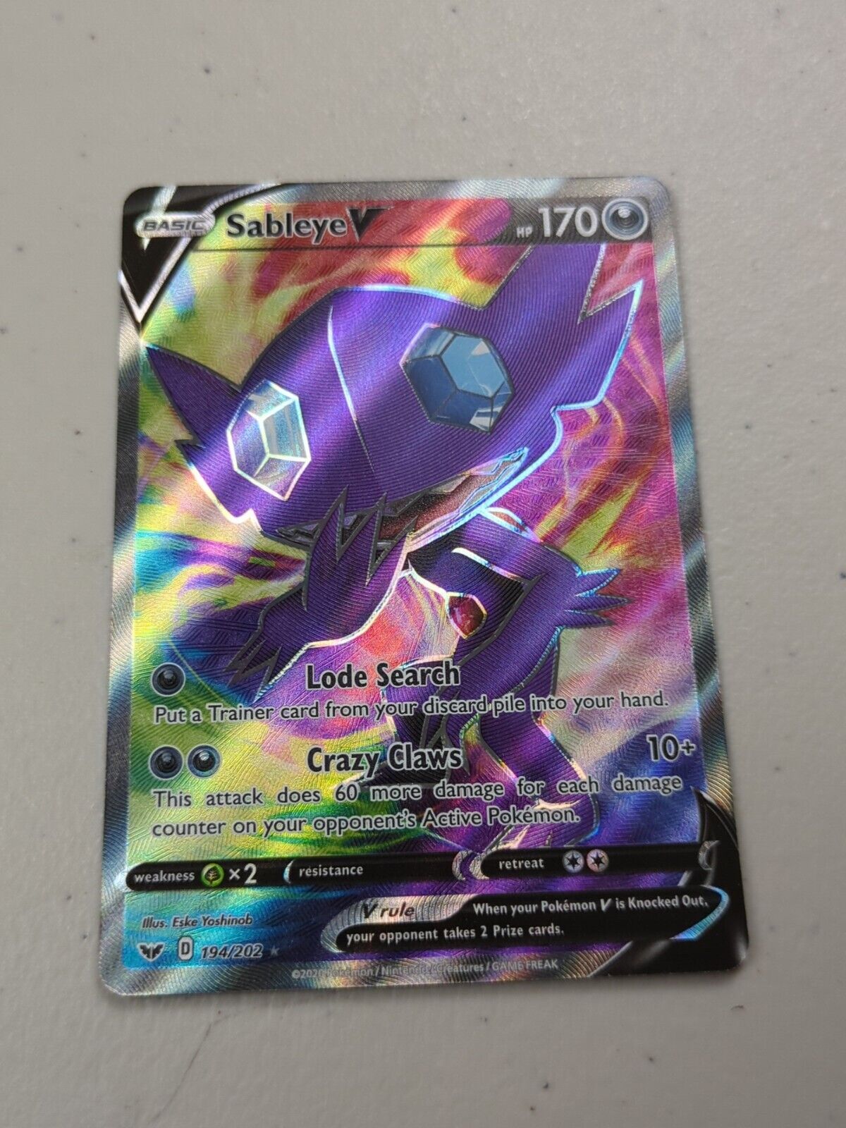 Sableye V - 194/202 - Full Art Sword & Shield Set - Pokemon Card - NM