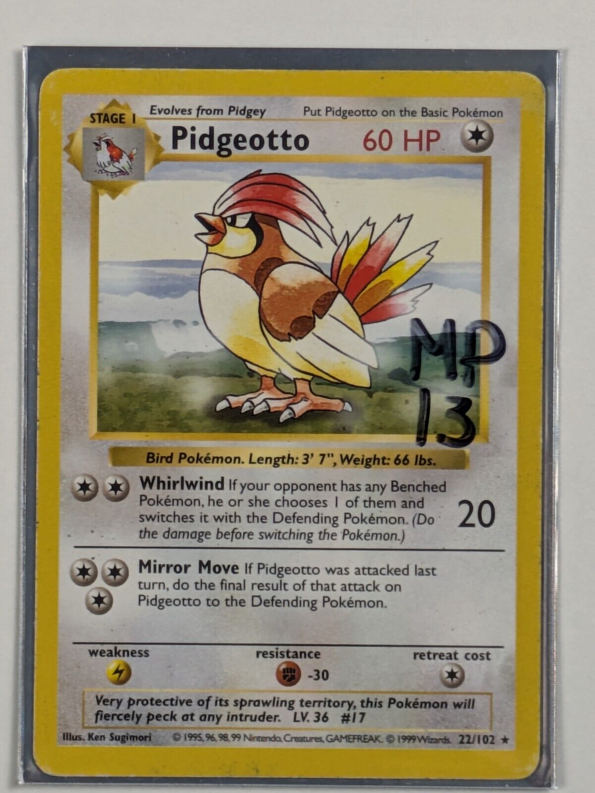 Pidgeotto - 22/102 - Rare (Shadowless) Base Set - Pokemon Card - MP