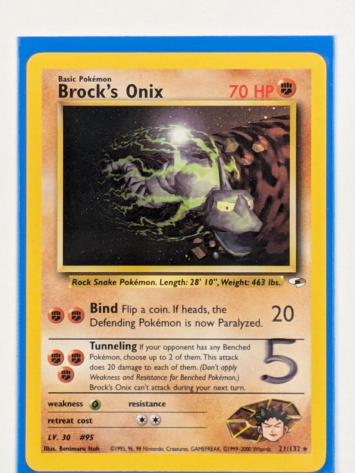 Brock's Onix - 21/132 - Rare Unlimited Gym Heroes - Pokemon Card - NM