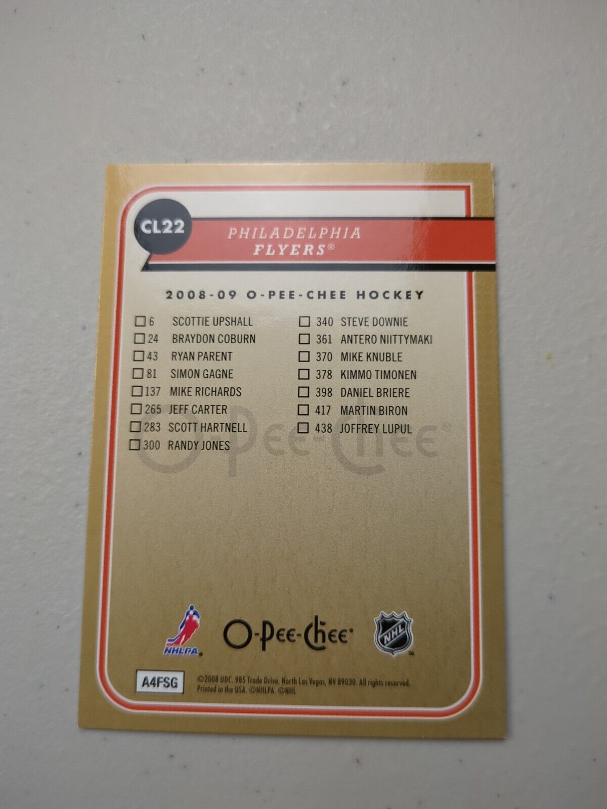 2008-09 O-Pee-Chee Team Checklists Philadelphia Flyers NO #CL22